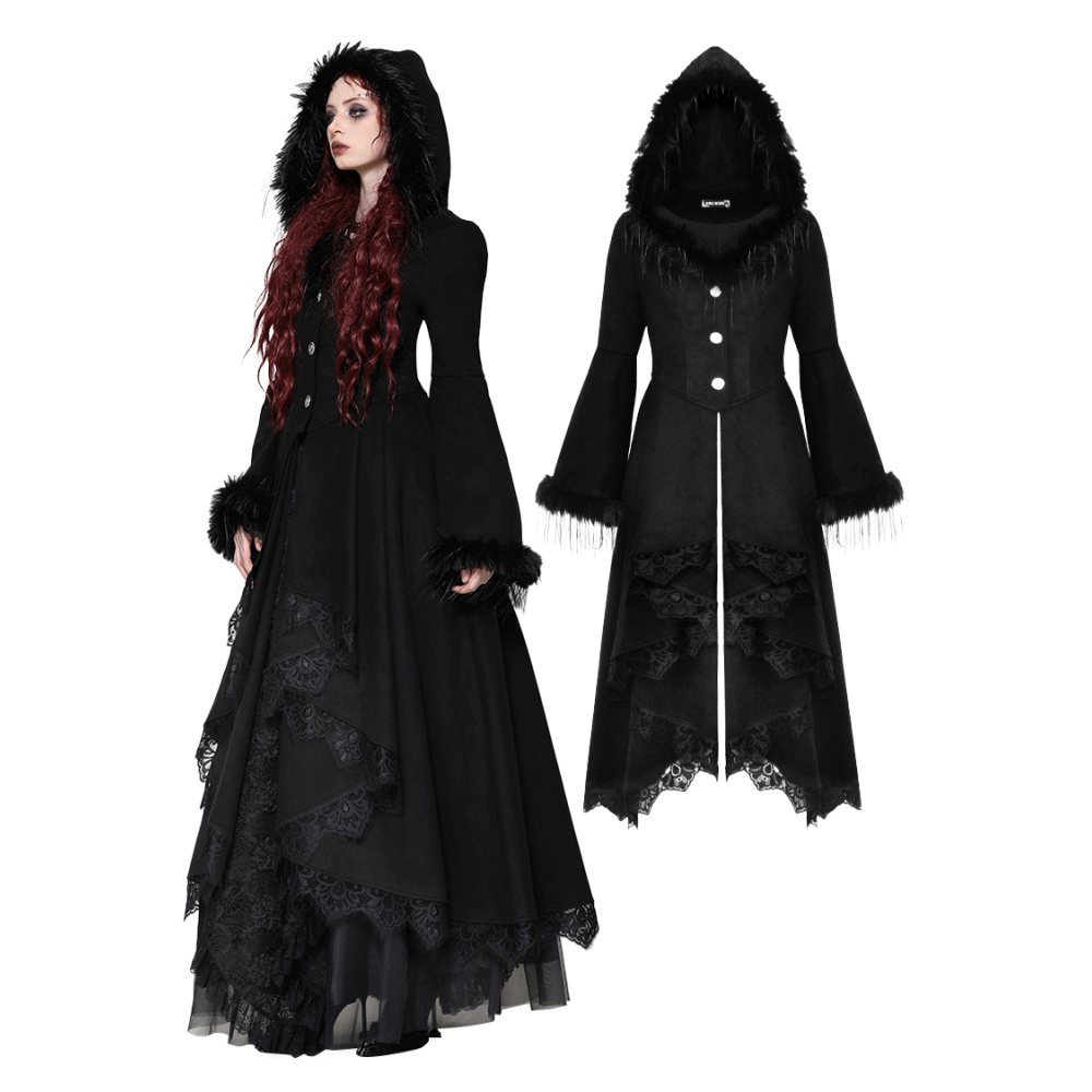 Dark in Love - Romantic gothic plush hem with grand skirt Winter coat - Black